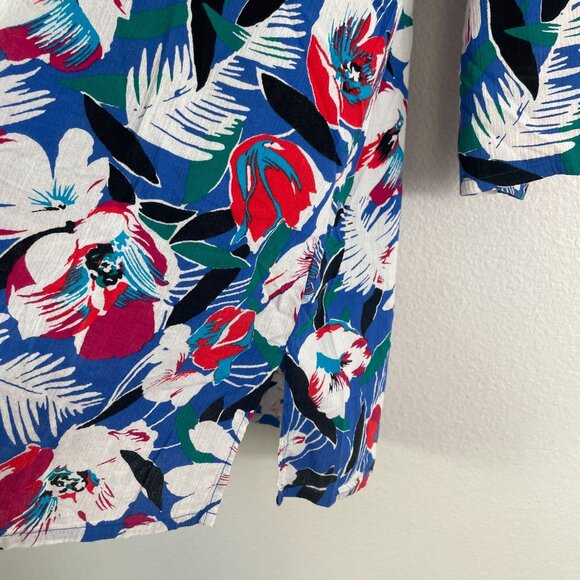 J Crew Womens XL Floral Cotton Tunic Top 3/4 Sleeves Split Neck Tropical Shirt - Picture 8 of 10
